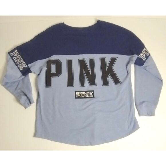 PINK Women’s Top Size Large Blue Colorblock Long Sleeve Pullover Round Neck Logo - Picture 2 of 7